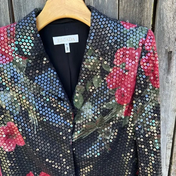 Escada Vintage Y2K Sequin Embellished Floral Blazer Jacket Black Red 38
